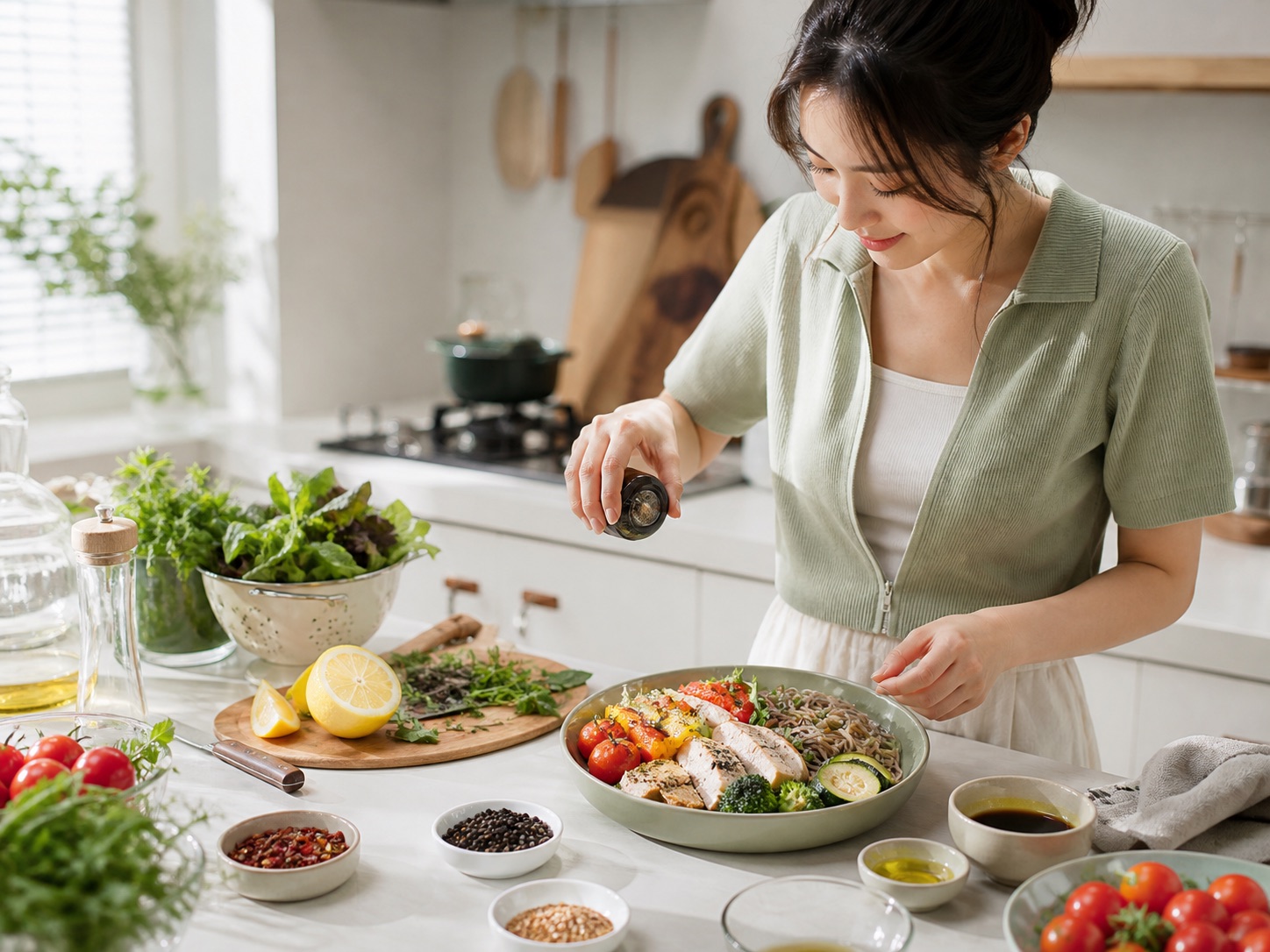 年轻女性在明亮厨房为轻食碗研磨黑胡椒，旁有新鲜蔬菜与调味料